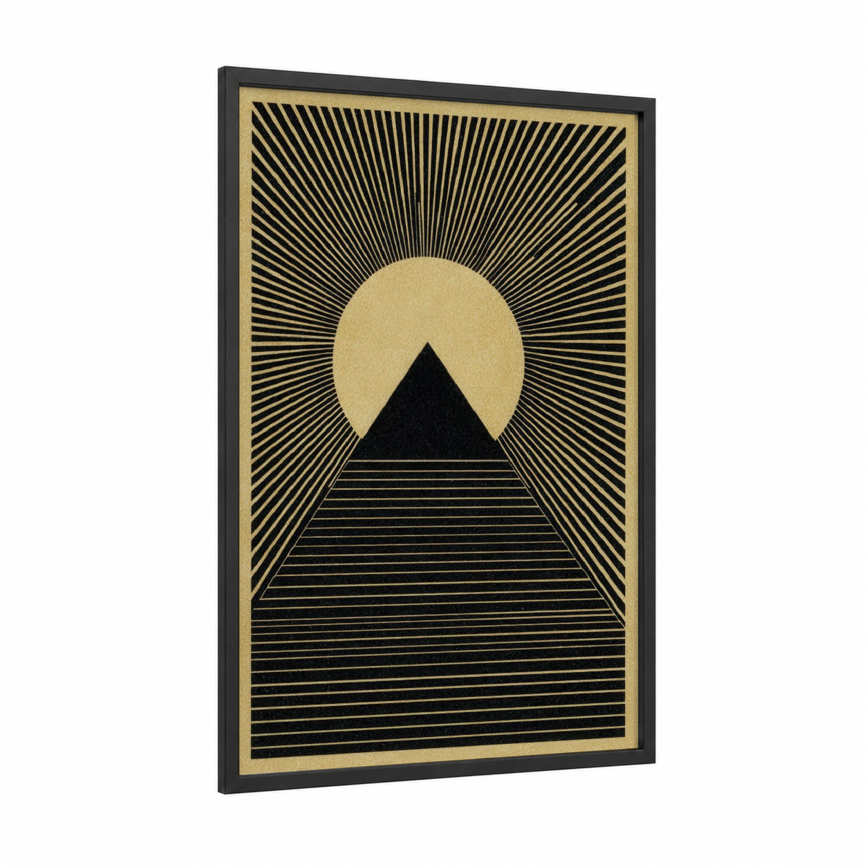 Golden Pyramid Sunrise framed great pyramid of giza print — black wood frame — gold and black palette