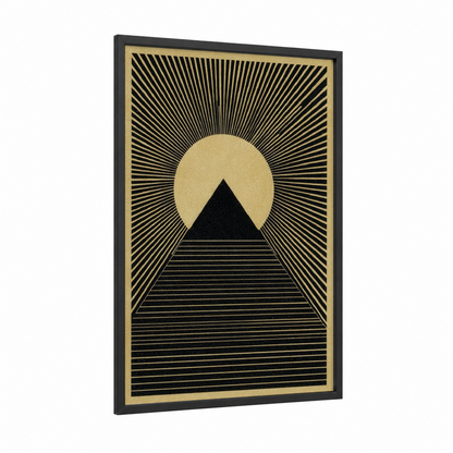 Golden Pyramid Sunrise framed great pyramid of giza print — black wood frame — gold and black palette