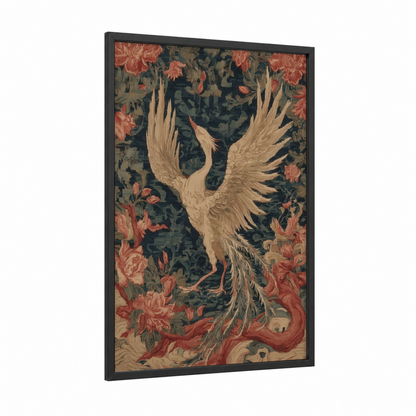 Crimson Phoenix framed art print — black wood frame — maroon and cream palette