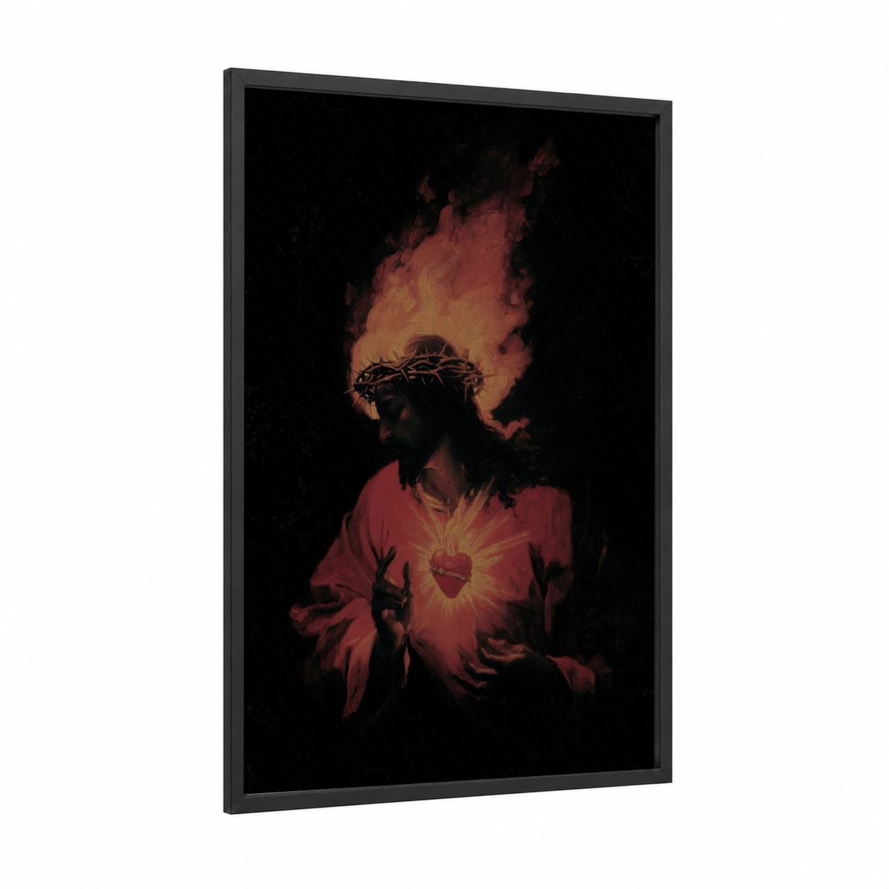 Sacred Heart Radiance framed christian symbols print — black wood frame — red and gold palette