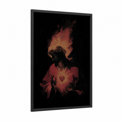 Sacred Heart Radiance framed christian symbols print — black wood frame — red and gold palette