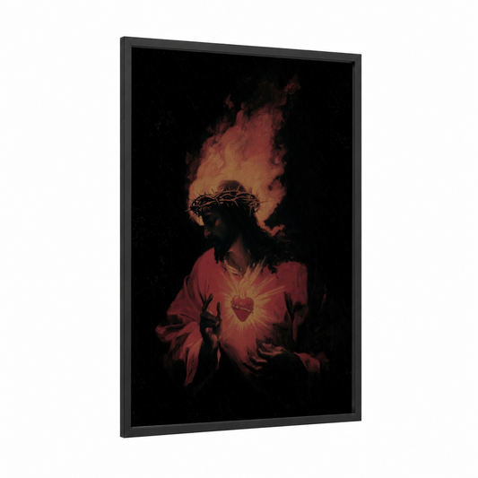 Sacred Heart Radiance framed christian symbols print — black wood frame — red and gold palette