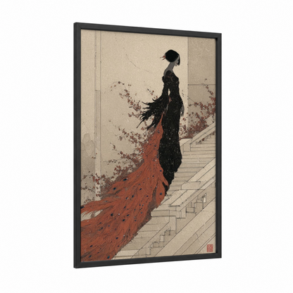 Crimson Phoenix Ascending framed art print — black wood frame — black and russet palette