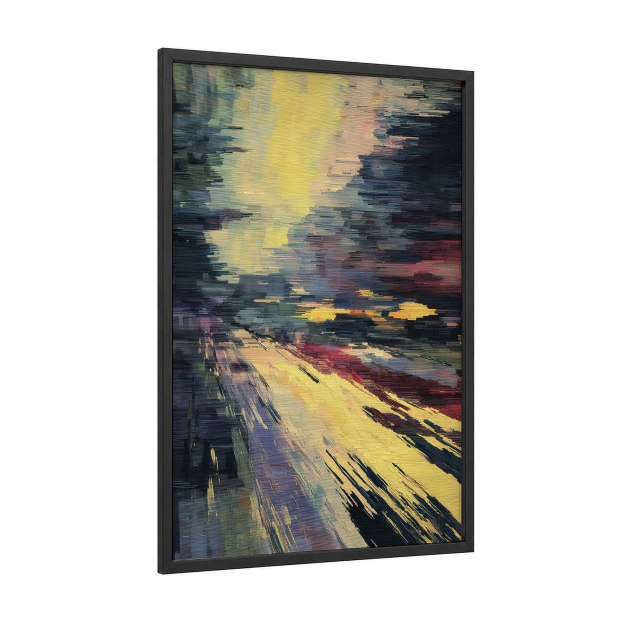 Luminous Highway framed road and highways print — black wood frame — yellow gold and magenta palette