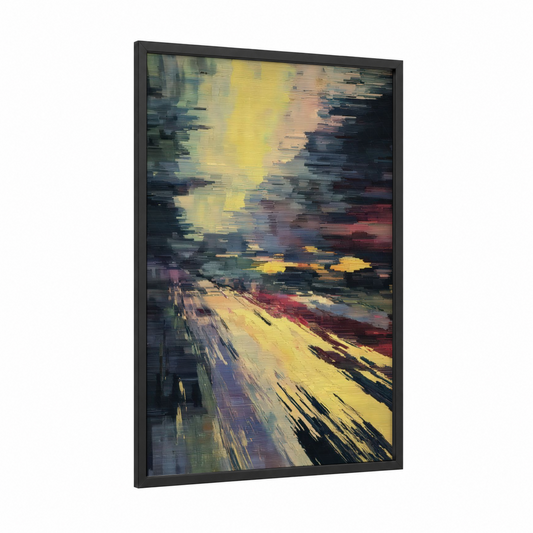 Luminous Highway framed road and highways print — black wood frame — yellow gold and magenta palette