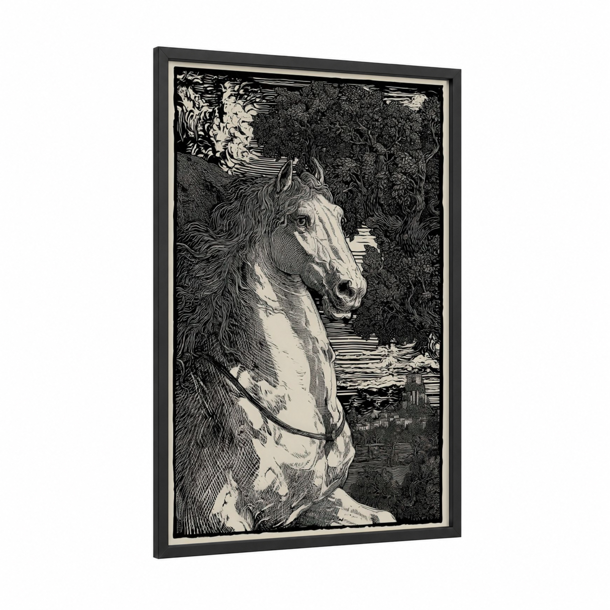 Moonlit Andalusian framed andalusian horse print — black wood frame — black and white palette