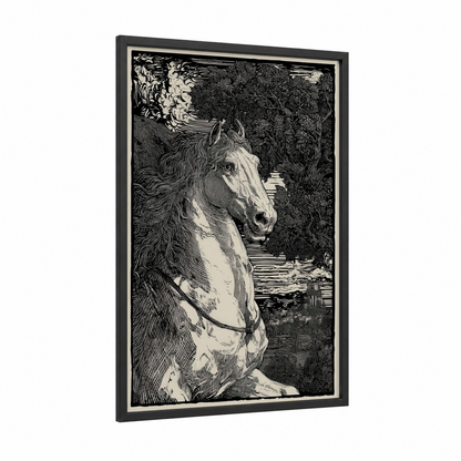 Moonlit Andalusian framed andalusian horse print — black wood frame — black and white palette