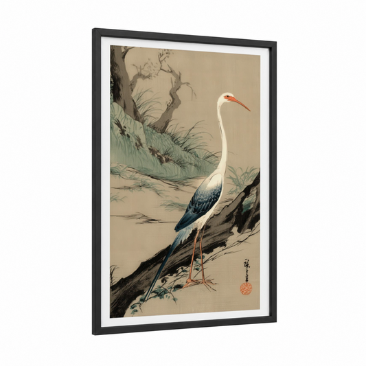 Riverside Crane framed kiwi print — black wood frame — cream and dark blue palette