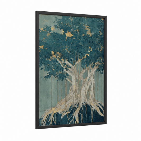 Golden Banyan framed tropical trees print — black wood frame — teal and gold palette