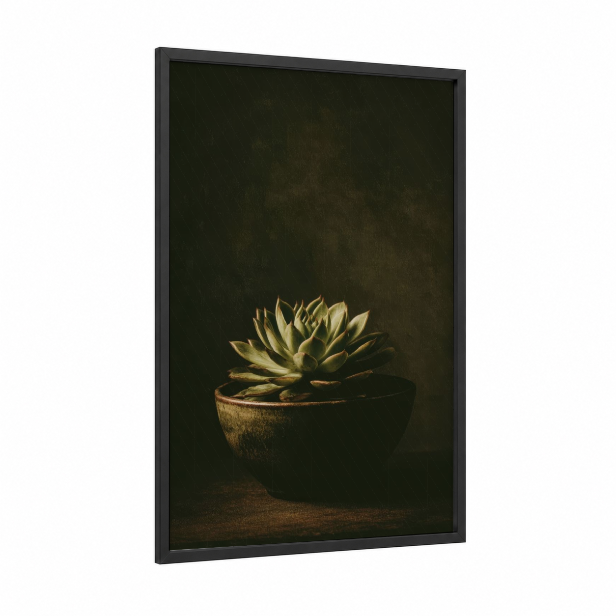 Golden Succulent framed art print — black wood frame — gold and dark green palette