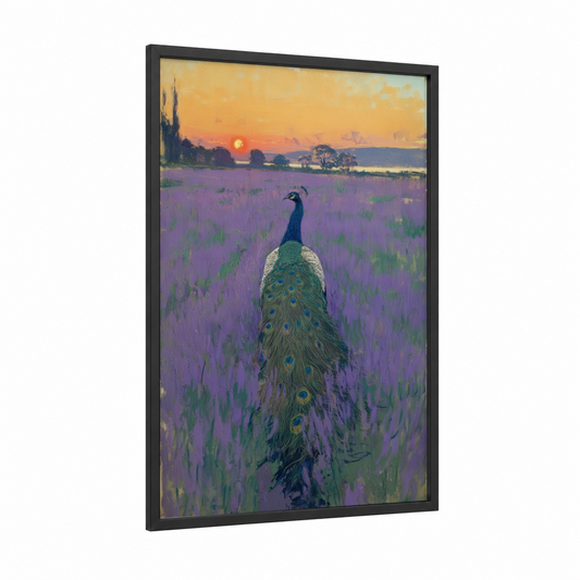 Lavender Peacock framed art print — black wood frame — purple and gold palette