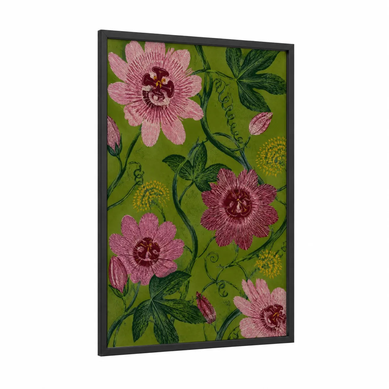 Passion Flower Botanical Wall Art framed art print — black wood frame — olive and pink palette
