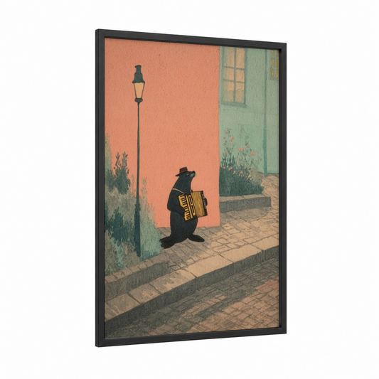 Street Musician Sea Lion framed art print — black wood frame — peach and sage green palette