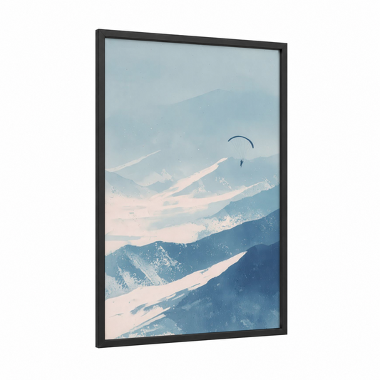 Alpine Paragliding framed art print — black wood frame — blue and cream palette