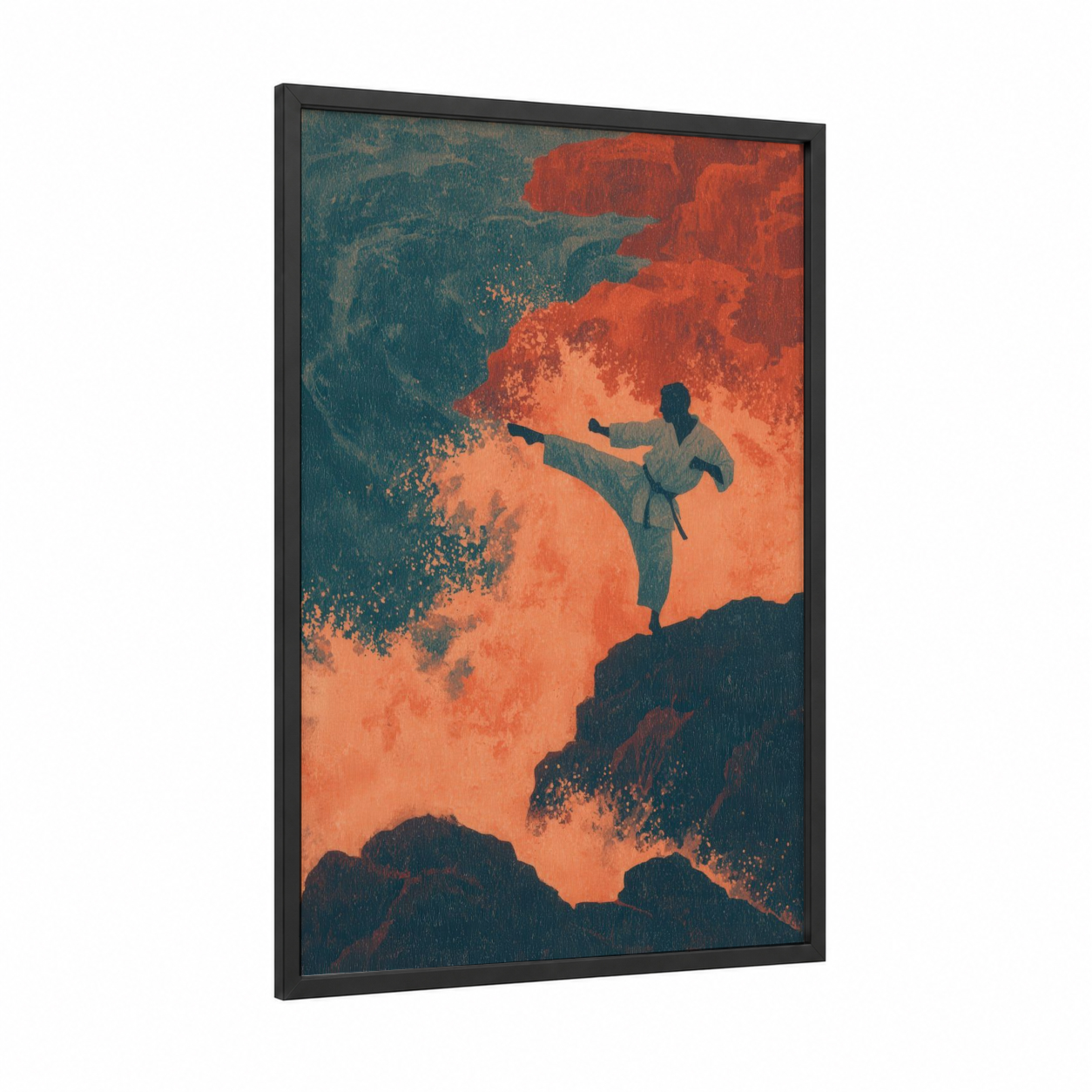 Volcanic Karate Warrior framed art print — black wood frame — orange and teal palette