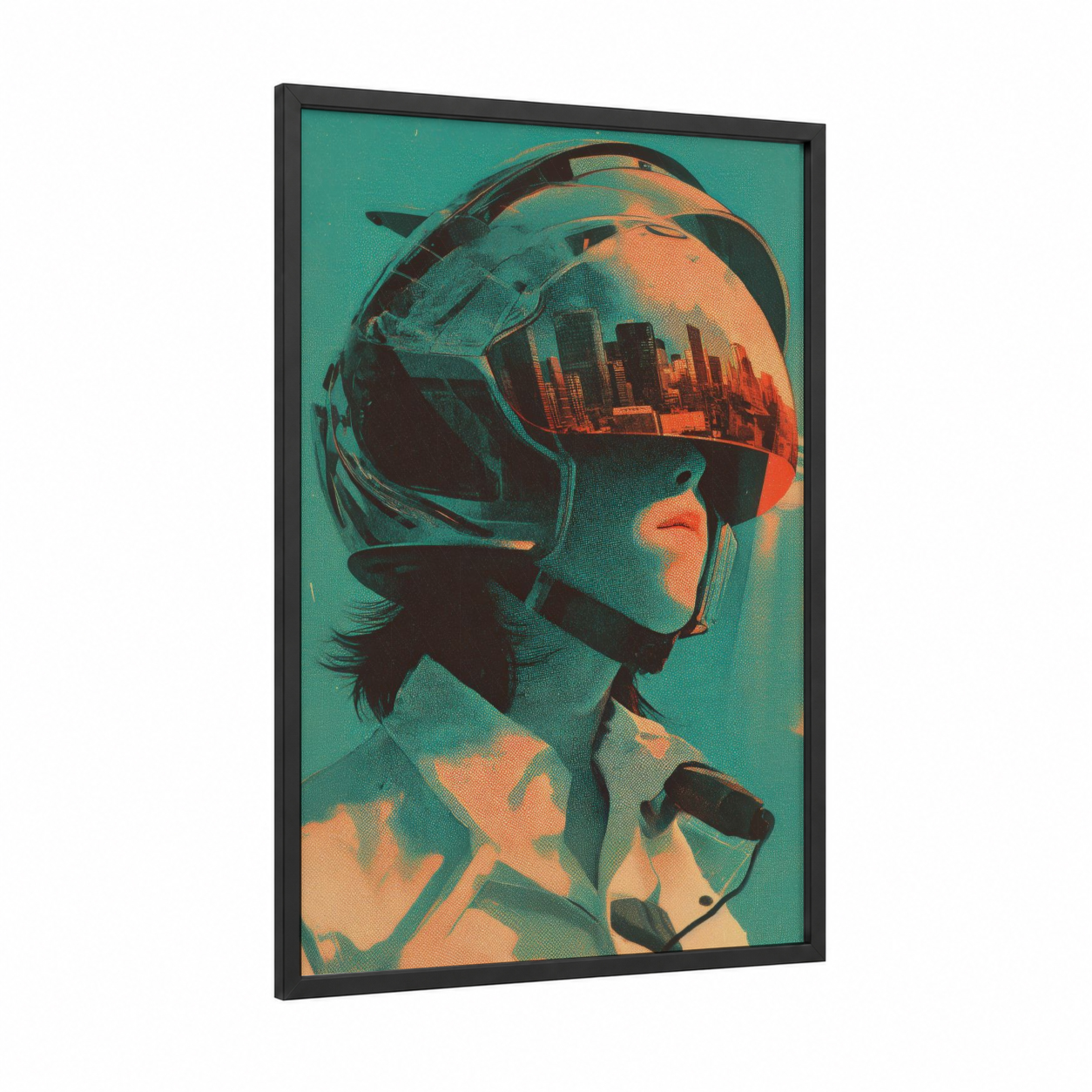 Cyber Visor framed japanese retrofuturism print — black wood frame — teal and orange palette