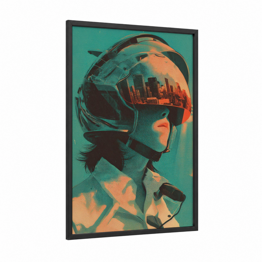 Cyber Visor framed japanese retrofuturism print — black wood frame — teal and orange palette