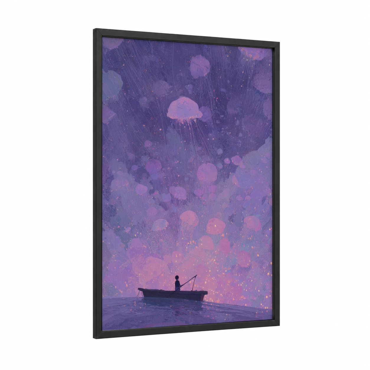 Jellyfish Dreams framed kids magic and fantasy print — black wood frame — purple and pink palette