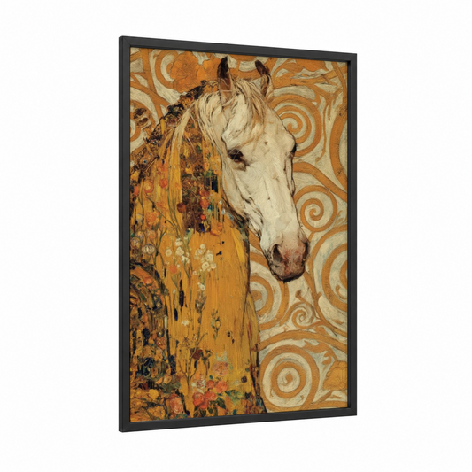 Golden Thoroughbred framed thoroughbred horse print — black wood frame — gold and cream palette