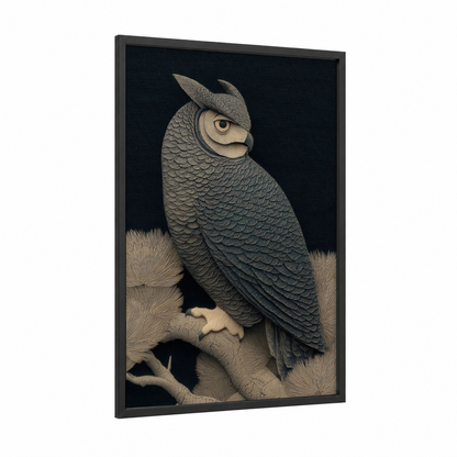 Carved Owl Portrait framed woodcarving print — black wood frame — cream and gray palette