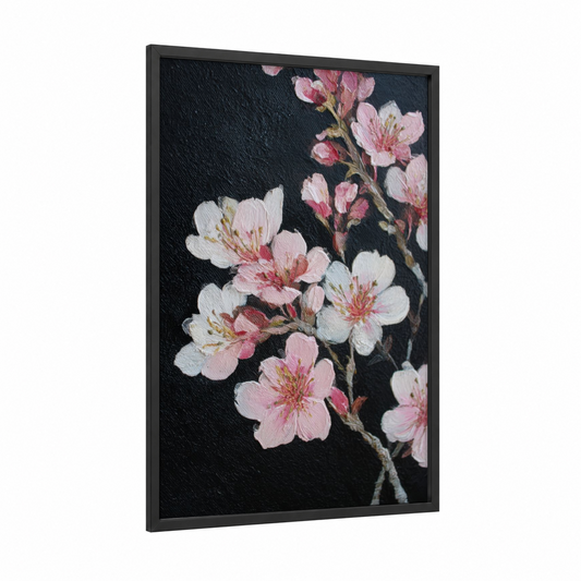 Pink Cherry Blossoms framed art print — black wood frame — pink and black palette