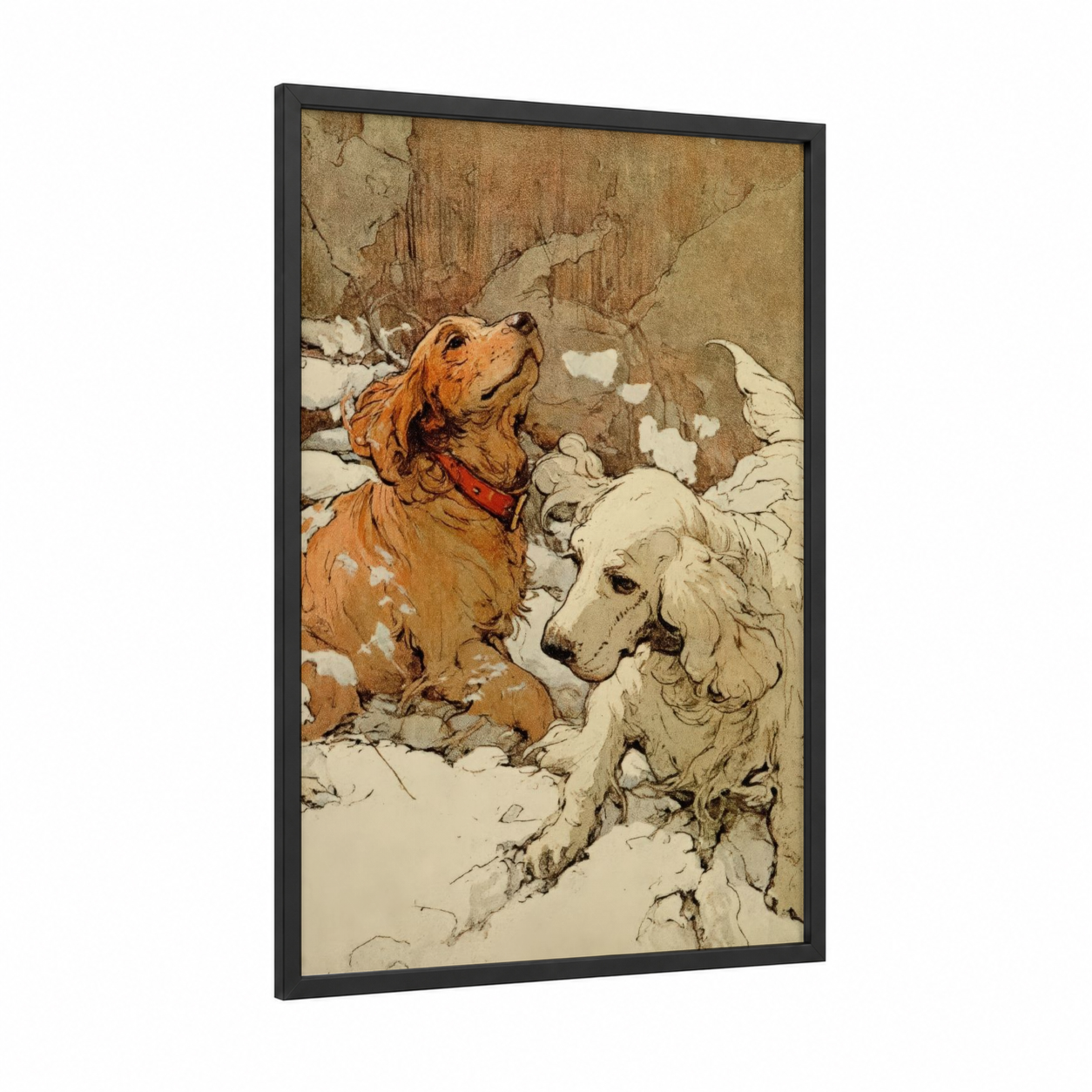Snowy Spaniel Pair framed art print — black wood frame — beige and gold palette