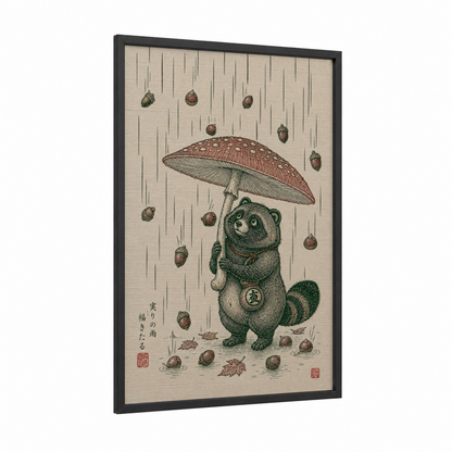Japanese Raccoon Autumn Rain Wall Art framed art print — black wood frame — beige and true green palette