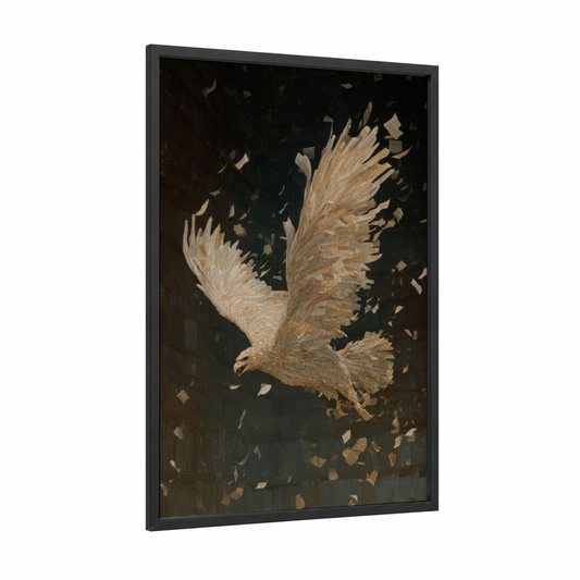 Golden Griffin Ascent framed art print — black wood frame — gold and black palette