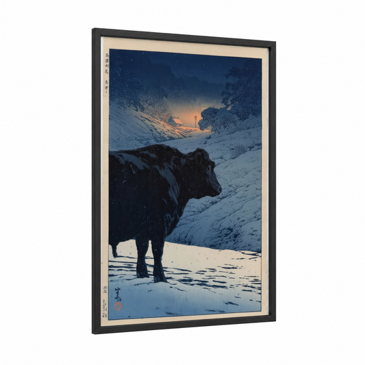 Winter Angus framed angus cow print — black wood frame — dark blue and gold palette