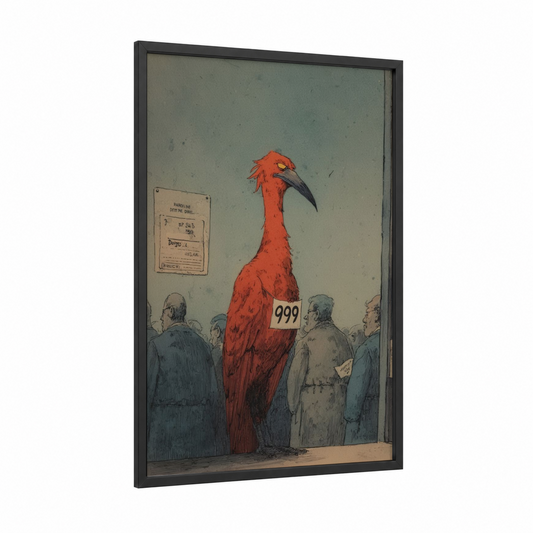 Auction Phoenix framed art print — black wood frame — red and dove gray palette