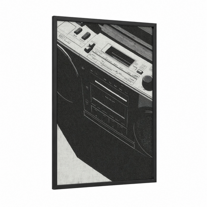 Vintage Boombox framed art print — black wood frame — black and white palette