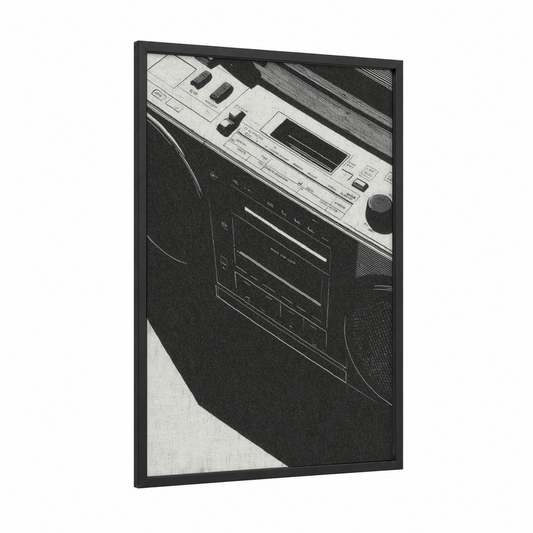 Vintage Boombox framed art print — black wood frame — black and white palette