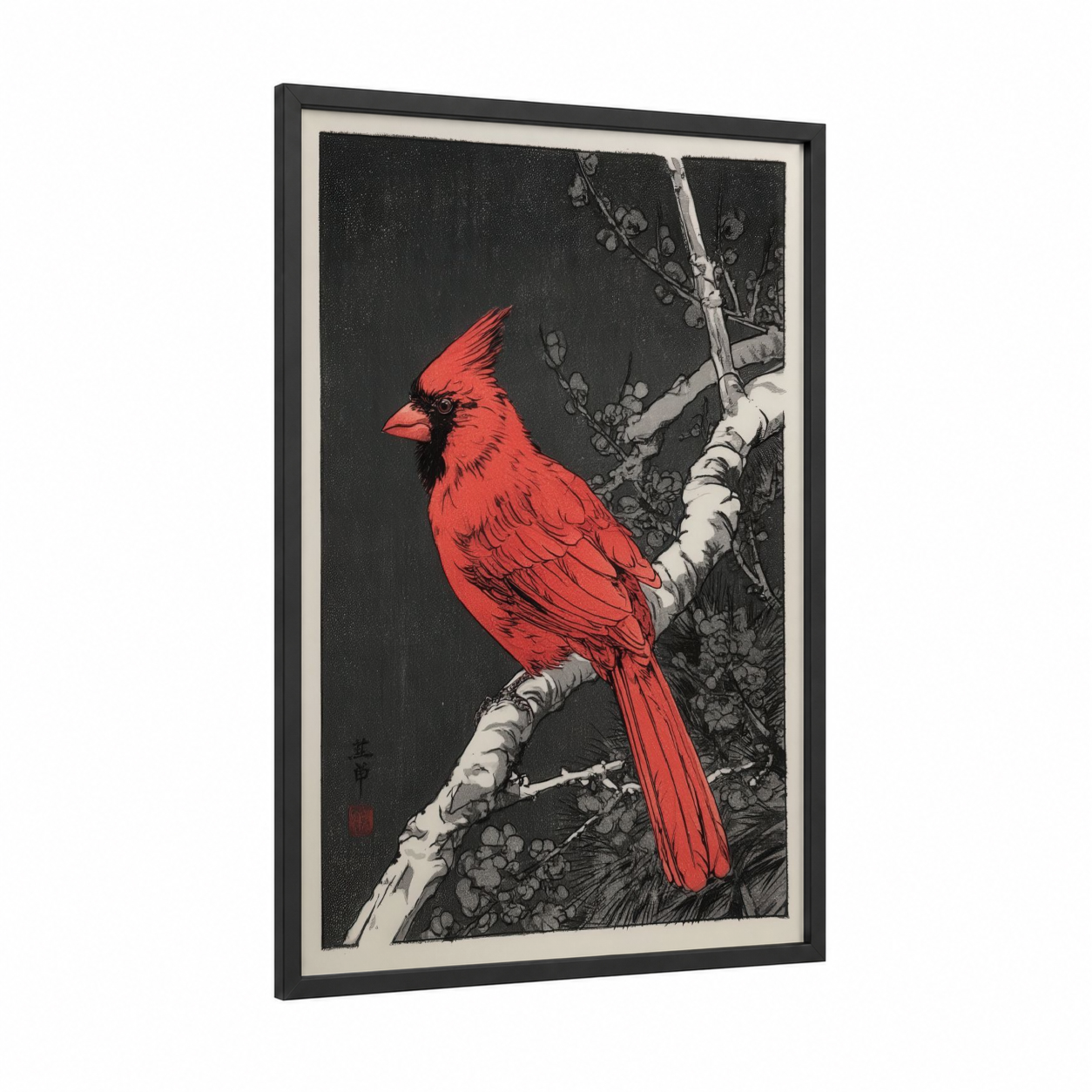 Crimson Cardinal Branch framed art print — black wood frame — red and black and white palette