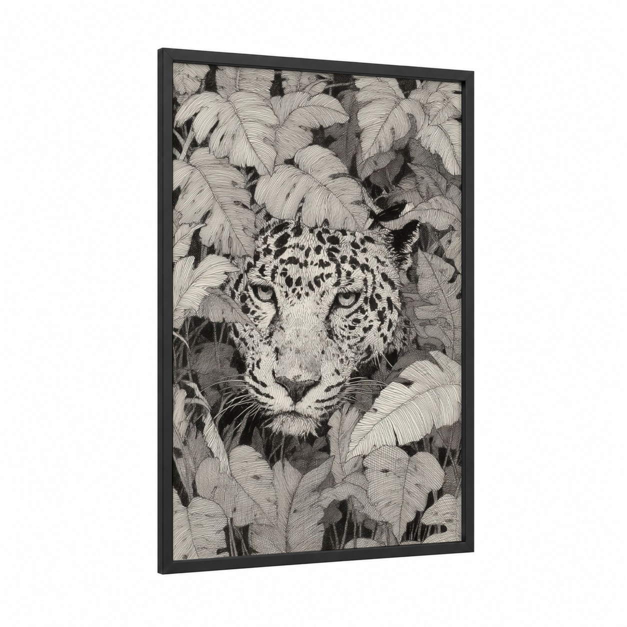 Leafy Jaguar framed art print — black wood frame — black and white palette