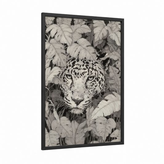 Leafy Jaguar framed art print — black wood frame — black and white palette
