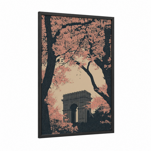Blooming Arc framed arc de triomphe print — black wood frame — salmon pink and cream palette