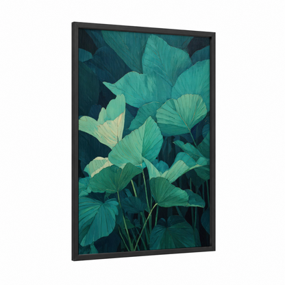 Emerald Canopy framed tropical trees print — black wood frame — teal and light green palette