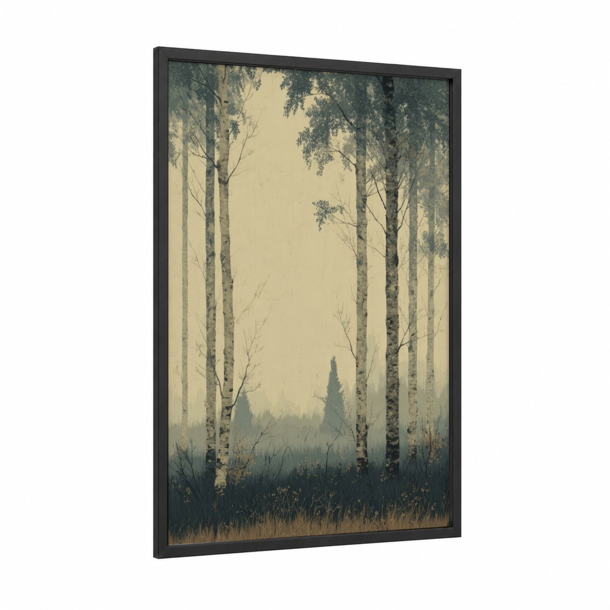 Misty Birch Forest framed art print — black wood frame — sage green and cream palette