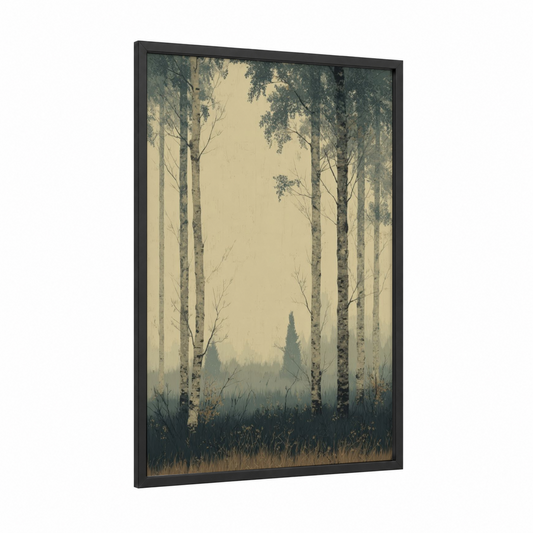 Misty Birch Forest framed art print — black wood frame — sage green and cream palette