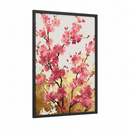 Pink Cherry Blossoms framed art print — black wood frame — pink and gold palette