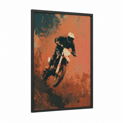 Airborne Motocross framed art print — black wood frame — orange and black palette