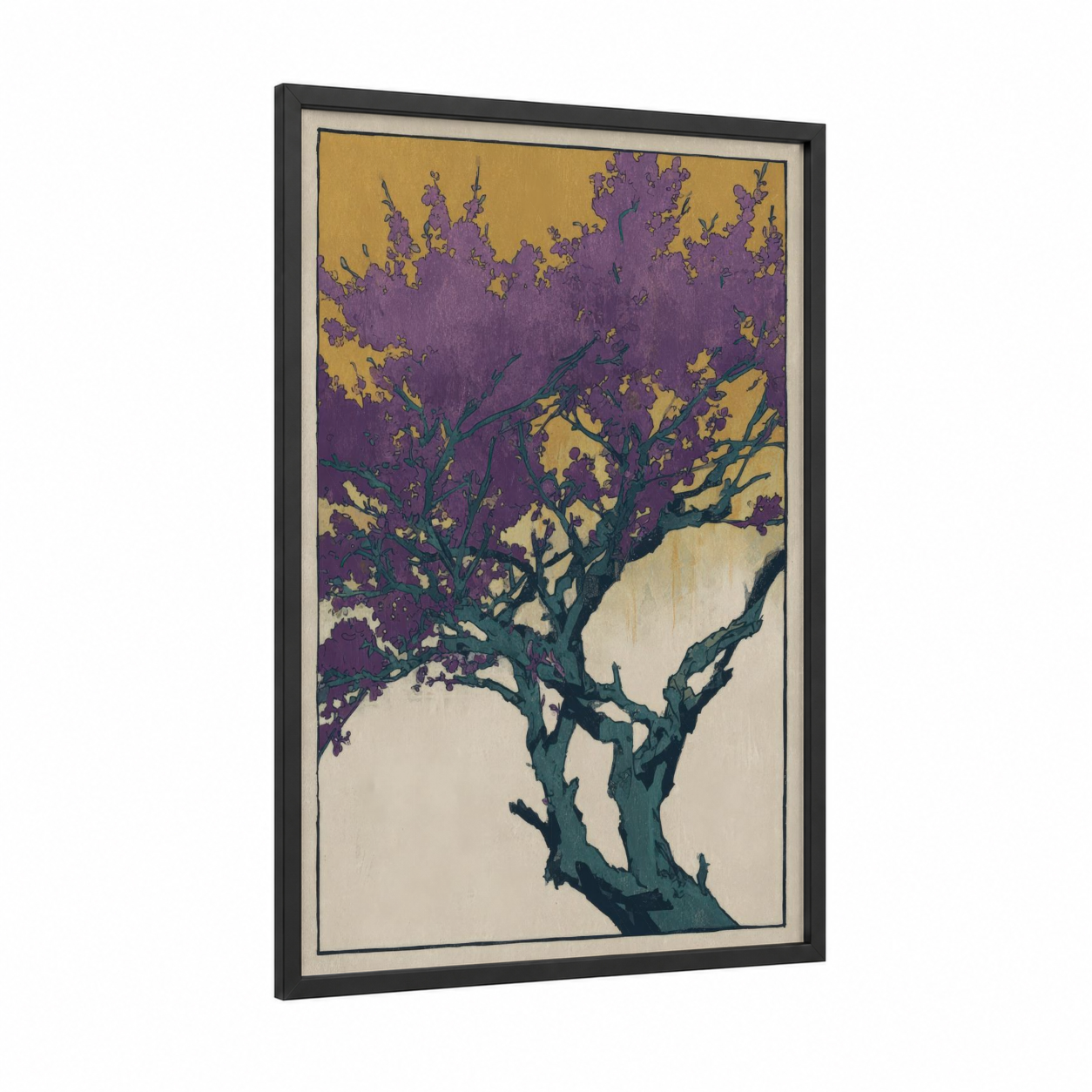 Purple Flowering Tree framed fruit trees print — black wood frame — purple and gold palette