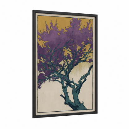 Purple Flowering Tree framed fruit trees print — black wood frame — purple and gold palette