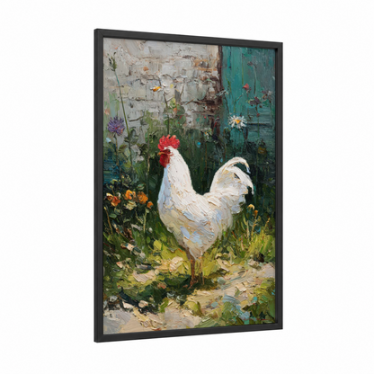 Garden Rooster framed chicken and roosters print — black wood frame — white and teal palette
