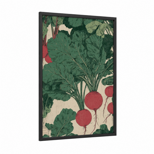 Radish Garden Illustration framed salad print — black wood frame — true green and red palette