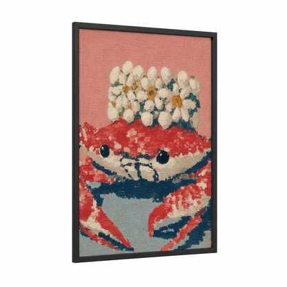 Coral Crab Blooms framed art print — black wood frame — salmon pink and teal palette