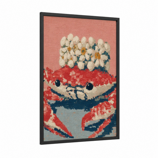 Coral Crab Blooms framed art print — black wood frame — salmon pink and teal palette
