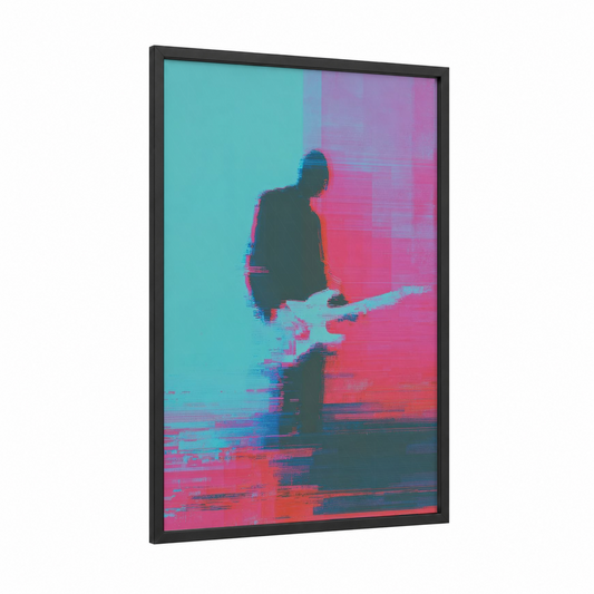 Neon Rocker framed rock'n roll print — black wood frame — turquoise and magenta palette