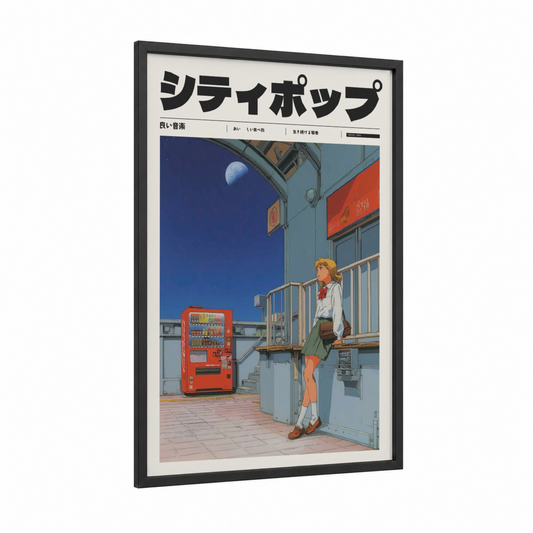 Midnight Vending framed anime and manga print — black wood frame — dark blue and red palette