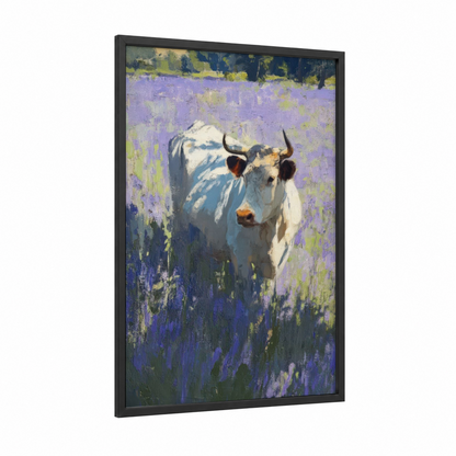 Lavender Hereford framed hereford cow print — black wood frame — lavender and light green palette
